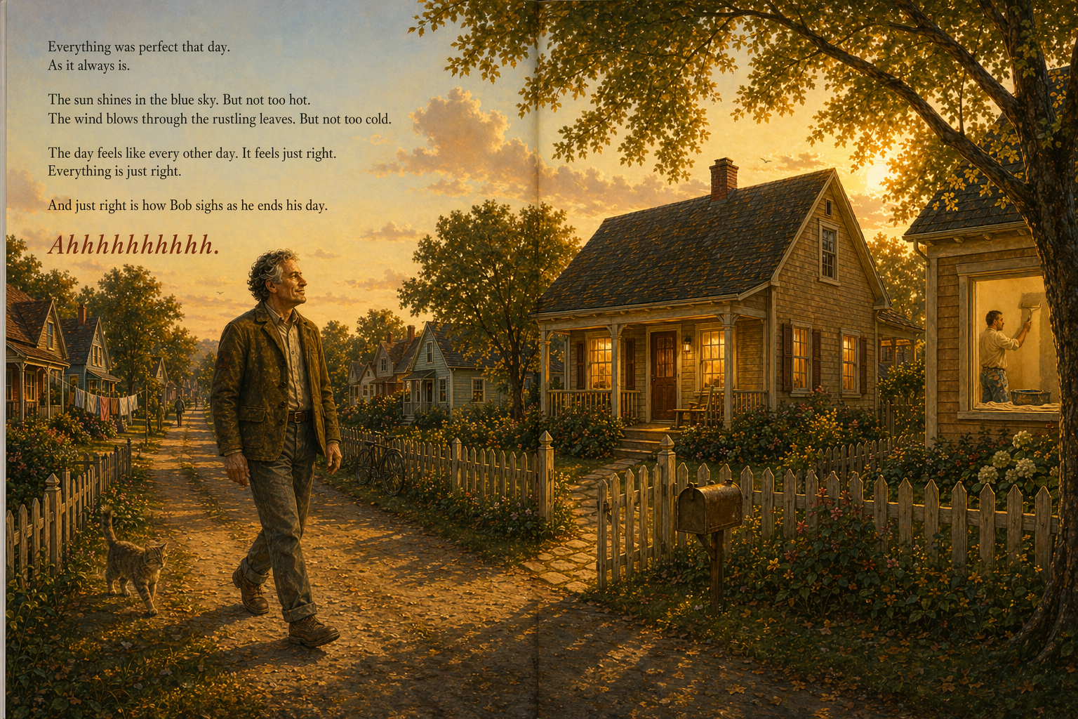 Bob walks home through his perfect neighbourhood. Pete is visible through the window next door, painting his wall.