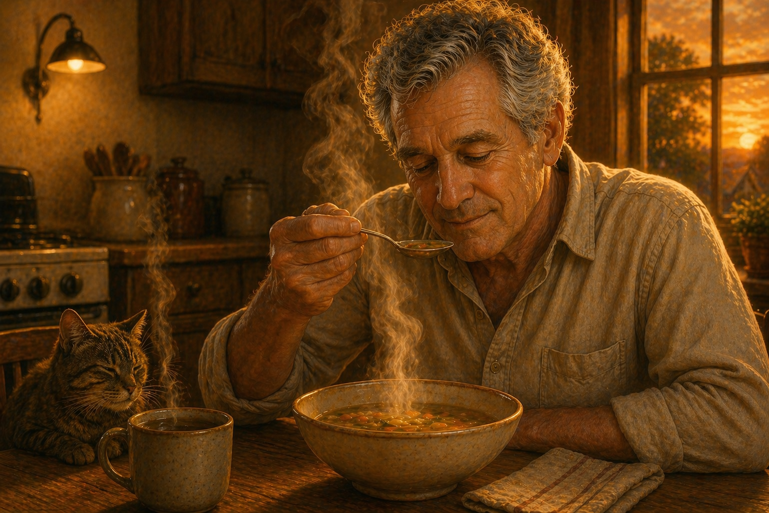 Bob sits at his table with his perfect bowl of soup. His cat sleeps peacefully beside him.